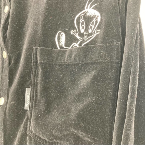 VTG Y2K Warner Bros Tweety Looney Tunes Velvet Black Deadstock Grunge Shacket - Picture 3 of 12